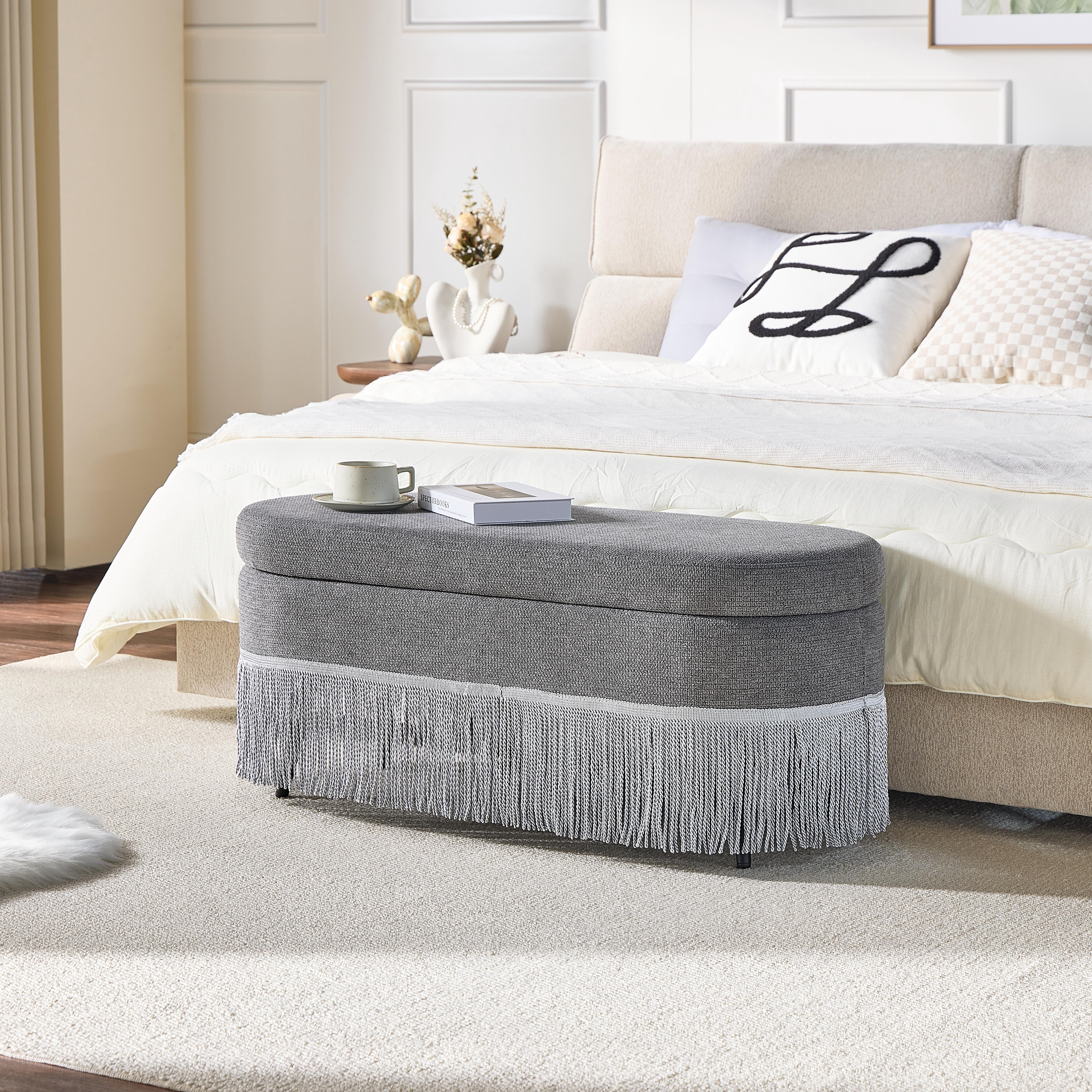Oval Storage Ottoman with Fringe Trim & Lift-Top Lid, Multi-Functional Footrest Bench with Hidden Storage for Living Room or Bedroom, Space Saver, Grey