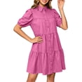 thumbnail image 2 of Dolkfu Retro Going Out Dresses Collared Mini Short Sleeve Pink Dresses Modern Solid Relaxed Fit Refined Shirt Dress Hot Pink,Xl, 2 of 6