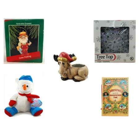 Christmas Fun Gift Bundle [5 Piece] - Hallmark Gone Fishing Handcrafted Ornament - 19-Light Snowflake Tree Topper - Creation House Co., LTD Sad  Moose Planter - Snowman  12