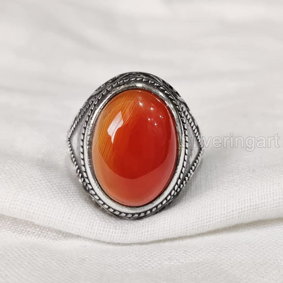 Carnelian Mans Ring, Natural Carnelian Gents Ring, Birthstone Silver Jewelry, 925 Silver Ring, Birthday Gift, Heavy Mens Ring, Arabic Design, Oxidized Mans Ring, Christmas, Turkey Mens Signet Ring