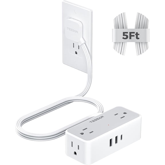 Flat Plug Extension Cord 5 FT, Surge Protector Power Strip with 4 AC Outlets 1 USB C and 2 USB A Ports, 900 Joules Protection, Multiple Wall Outlet Extender Suitable for Office Dorm, Grey
