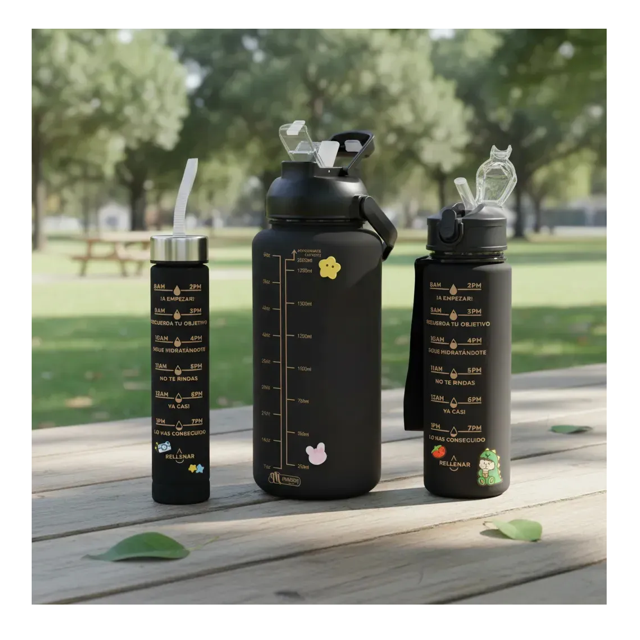 Botella Deportiva Para Agua 3 En 1 Con 3 Niveles Distintos de Litros Portátil Reutilizable, de plástico Xtellar negro