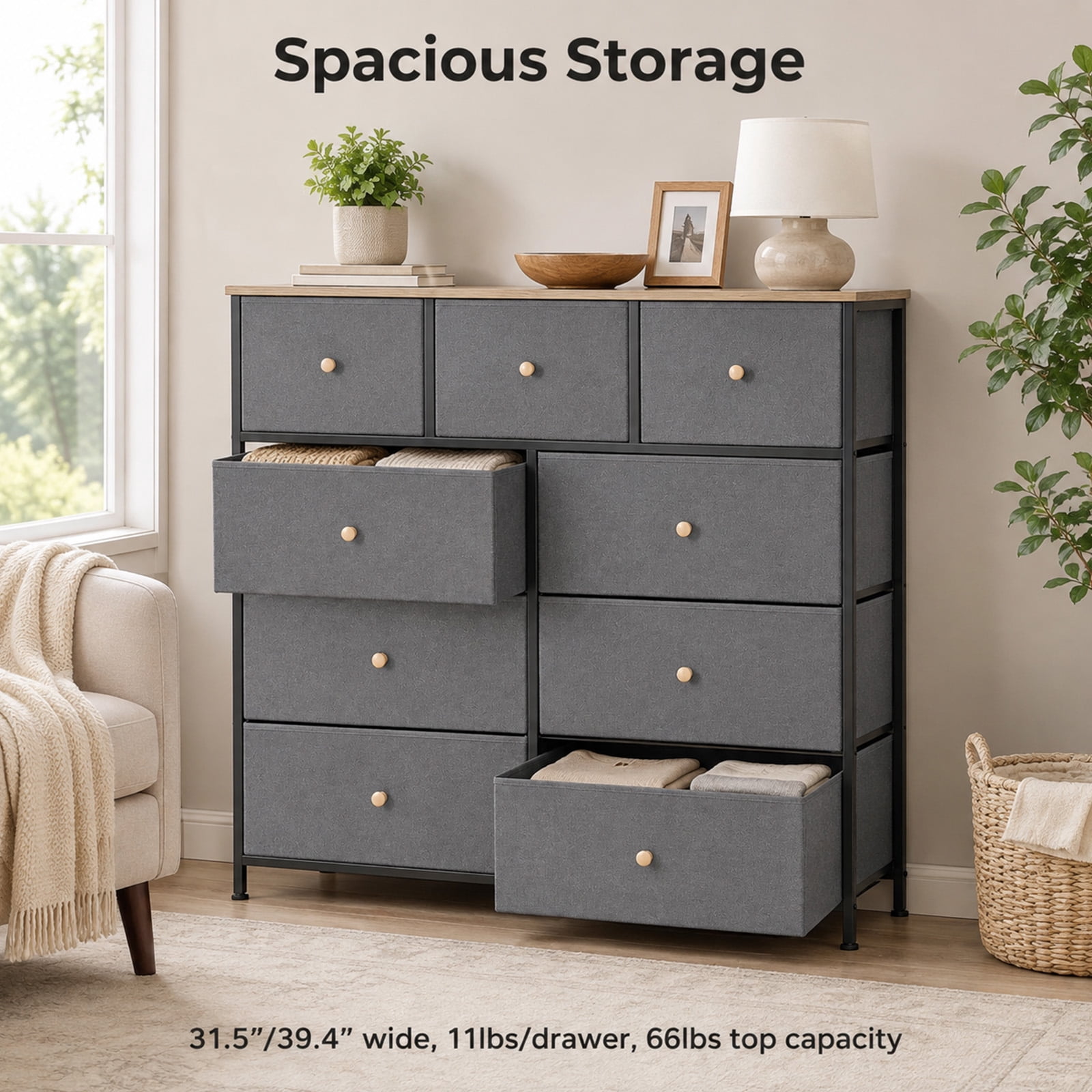 Alvantor 8/9 Drawer Fabric Dresser, Storage Tower for Bedroom and Closet, Chest of Drawers with Sturdy Steel Frame & Wooden Top for Living Room, Entryway
