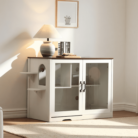 Large Cat Litter Box Enclosure, Hidden Cat Litter Box Cabinet with Litter Leak Walkway, Wooden Cat Litter Furniture with Glass Cabinet Doors (White)