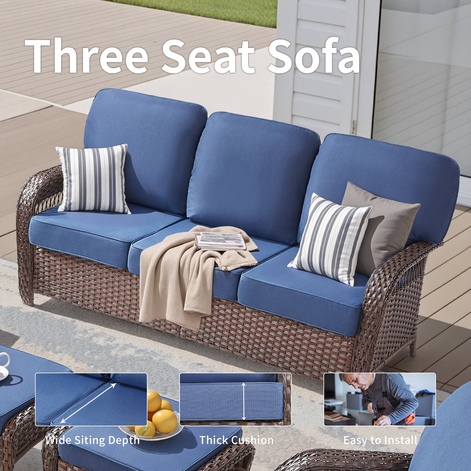 Hommoo 75.2" Outdoor Brown Wicker Patio Sofa with Cushions, Outdoor 2 Seat Patio Furniture Sofa Couch, for Porch or Backyard, Blue