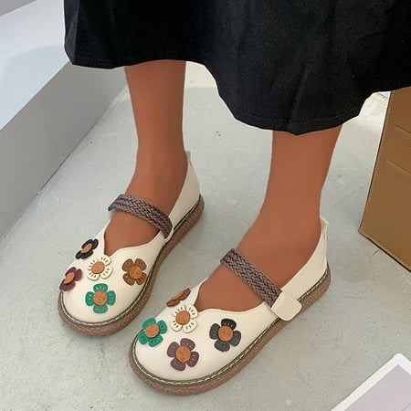 

Cathalem Bass Shoes for Women Casual Ladies Fashion Retro Flower Decorative Hollow Breathable Flat Casual Shoes for Women 7 Beige 7.5