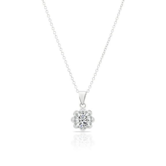 Tilo Jewelry Sterling Silver Round Halo Flower CZ Pendant Necklace | 18 Inch | Women & Unisex
