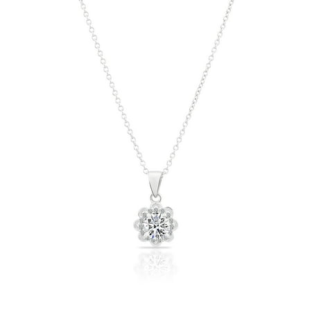 Tilo Jewelry Sterling Silver Round Halo Flower CZ Pendant Necklace | 18 Inch | Women & Unisex
