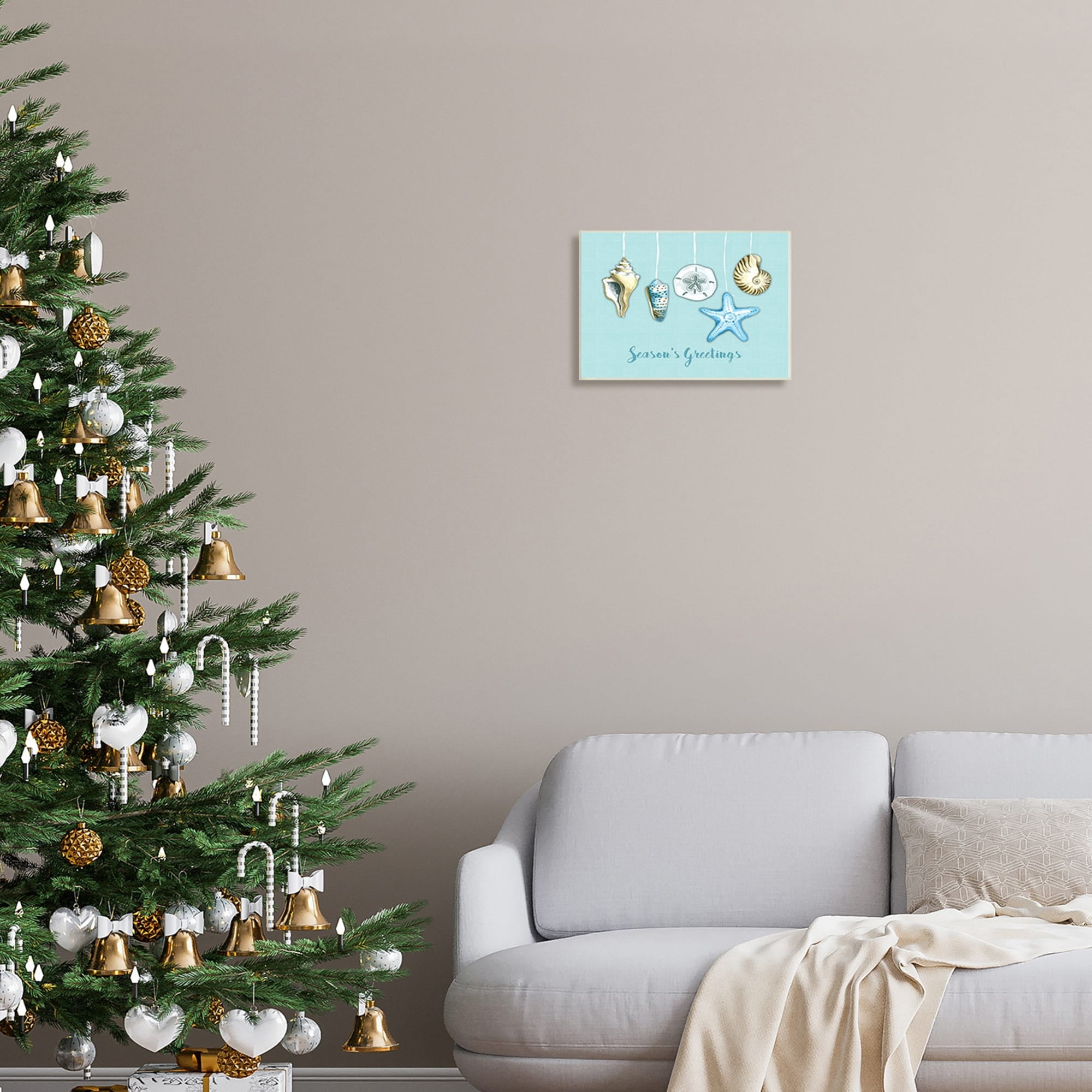 Stupell Season's Greetings Festive Beach Holiday Seashells Hanging Wood Wall Art - Brown 15 x 10