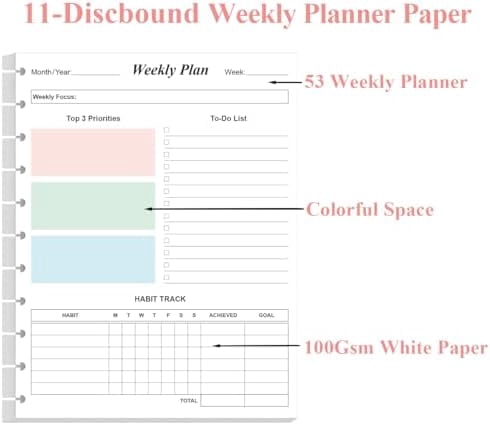 Weekly Planner Undated Refills - Letter Size 53 Sheets/106 Pages Colorful Weekly Planner for 11-Disc Discbound, TUL, 100 gsm White Paper, Lasts 1 Year, Undated, 8.5" x 11"