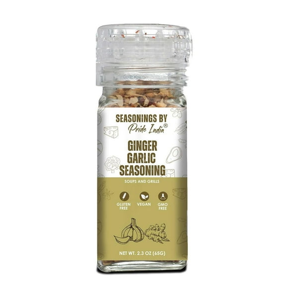 Ginger Garlic Seasoning 2.3 oz (65 gm) w/ Convenient Grinder Cap Spicy Savory Taste | For Cooking, Marinating Stir-Frying Roasting Baking | Non-Bioengineered Vegan Gluten Free by Pride of India