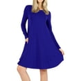 thumbnail image 1 of Women Long Sleeve Round Hem A-Line Pleated Swing Dress with Side Pockets (DENIM BLUE, Small), 1 of 3