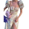 thumbnail image 5 of Franhais Women´s Summer Long Dress, Puff Short Sleeves Lace Up Chest Floral Printed High Splitting Long Skirt for Female, 5 of 6