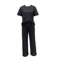 thumbnail image 7 of YueHuiYing Fashion Women Solid Color Loose Tight Waist Round Neck Pull Rope Short Sleeves Straight Cylinder Pants Sets, 7 of 7
