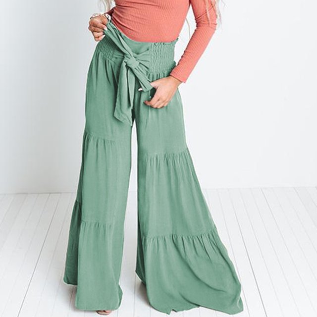 Pantalones De Pierna Ancha Pantalones de pierna ancha para mujer Pantalones de dama plisados con cordones casuales de cintura alta (Verde S) Cgtredaw Para estrenar