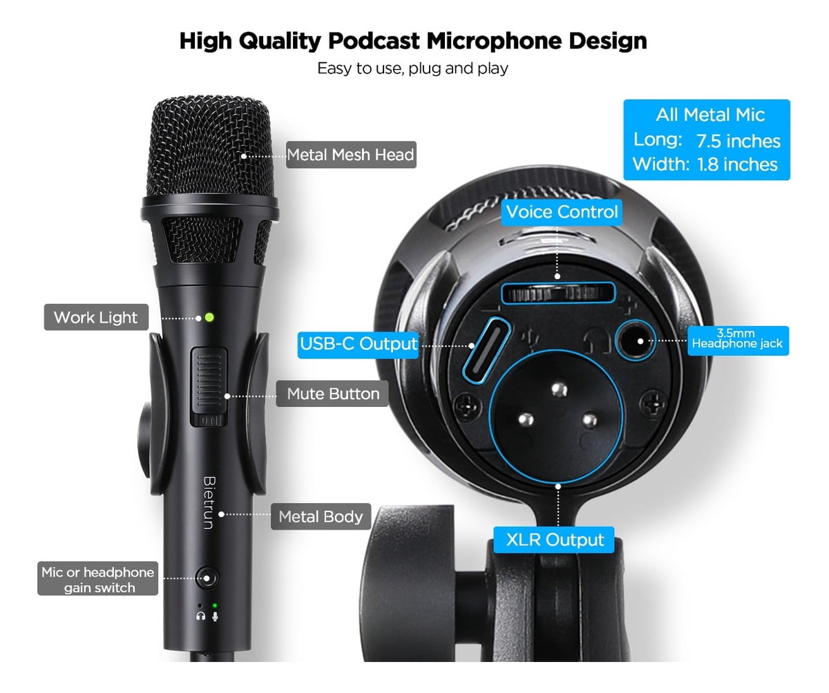 Dynamic Microphone XLR/USB-C for Recording/Singing, Hypercardioid?Noise Rejection, Mic Gain, with Desktop Stand, Pop Filter, Headphone Jack, for Mac, PC, Audio Interface for Podcast, Studio, Singing