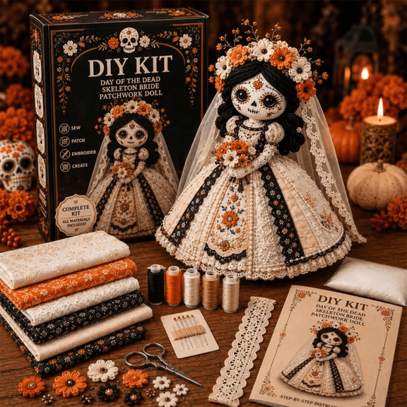 Day of the Dead Patchwork Doll DIY Sewing Kit – Handmade Fabric Doll Craft Kit with Floral Details, Halloween Sugar Skull Sewing Craft Kits, for Craft Lovers and Dolls Collectors C