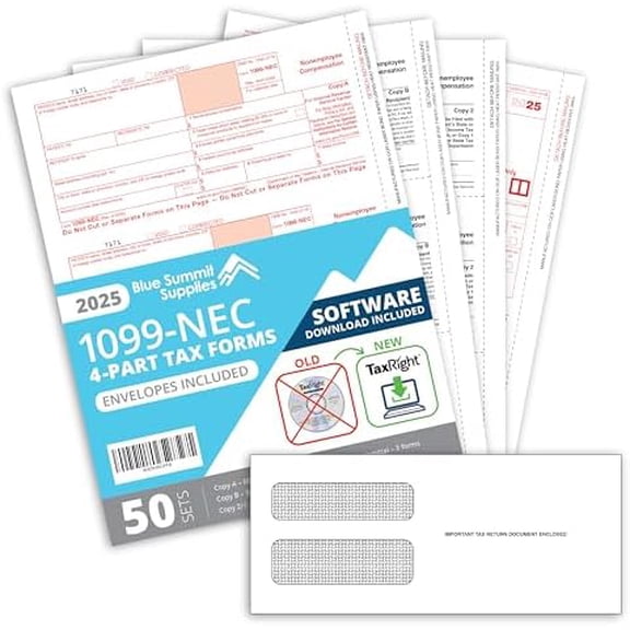 Blue Summit 50 1099 NEC Forms 2025 Software, Tax Right Software 2025 1099 Nec, Designed for QuickBooks and Accounting Software, TaxRight, 3 1096 Forms, and 50 Self Seal Envelopes Included