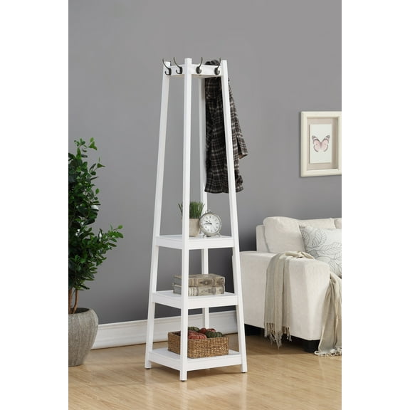 Vassen 3-Tier Shelf Coat Rack, White Wood Clothes Stand with Hooks, Entryway Organizer Storage
