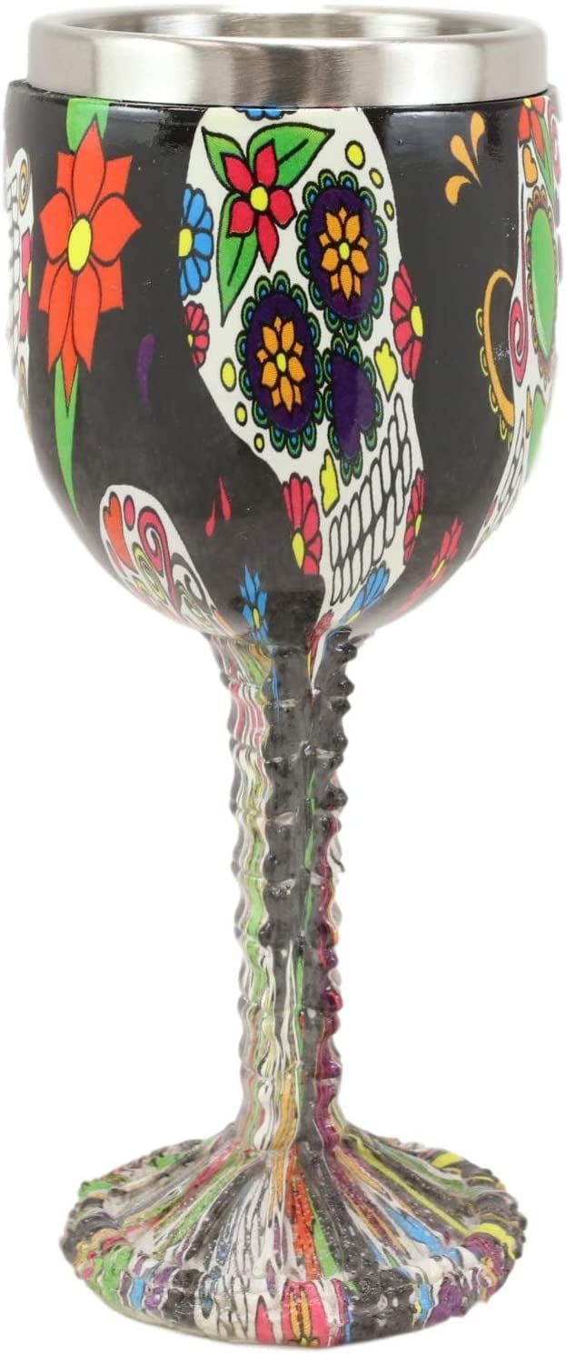 Ebros Day of The Dead Ossuary Wedding Black Sugar Skull Wine Goblet 7oz Chalice As Kitchen Decorative Halloween Party Centerpiece Accessory 
