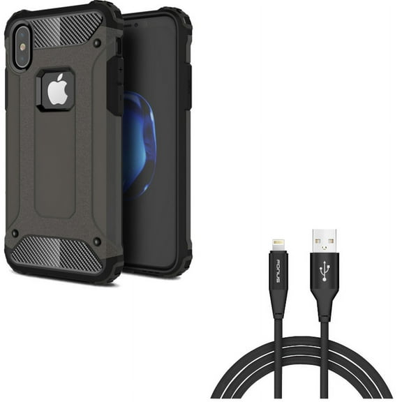 10ft USB Cable w Case for iPhone XS/X - Charger Cord Power Wire Braided Long, Hybrid Slim Fit Cover Reinforced Bumper Shock Absorbent for iPhone XS/X