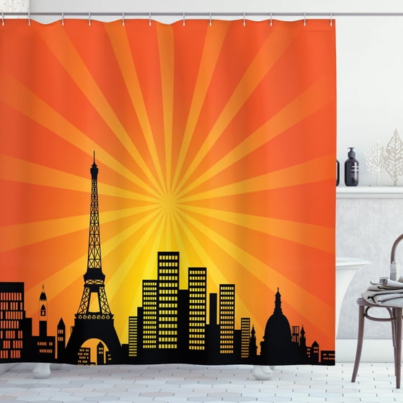 Eiffel Tower Shower Curtain, City Skyline with Tangerine Tones Sunburst Effect, Fabric Bathroom Set with Hooks, 69W X 70L Inches, Burnt Orange Earth Yellow Charcoal Grey, by Ambesonne