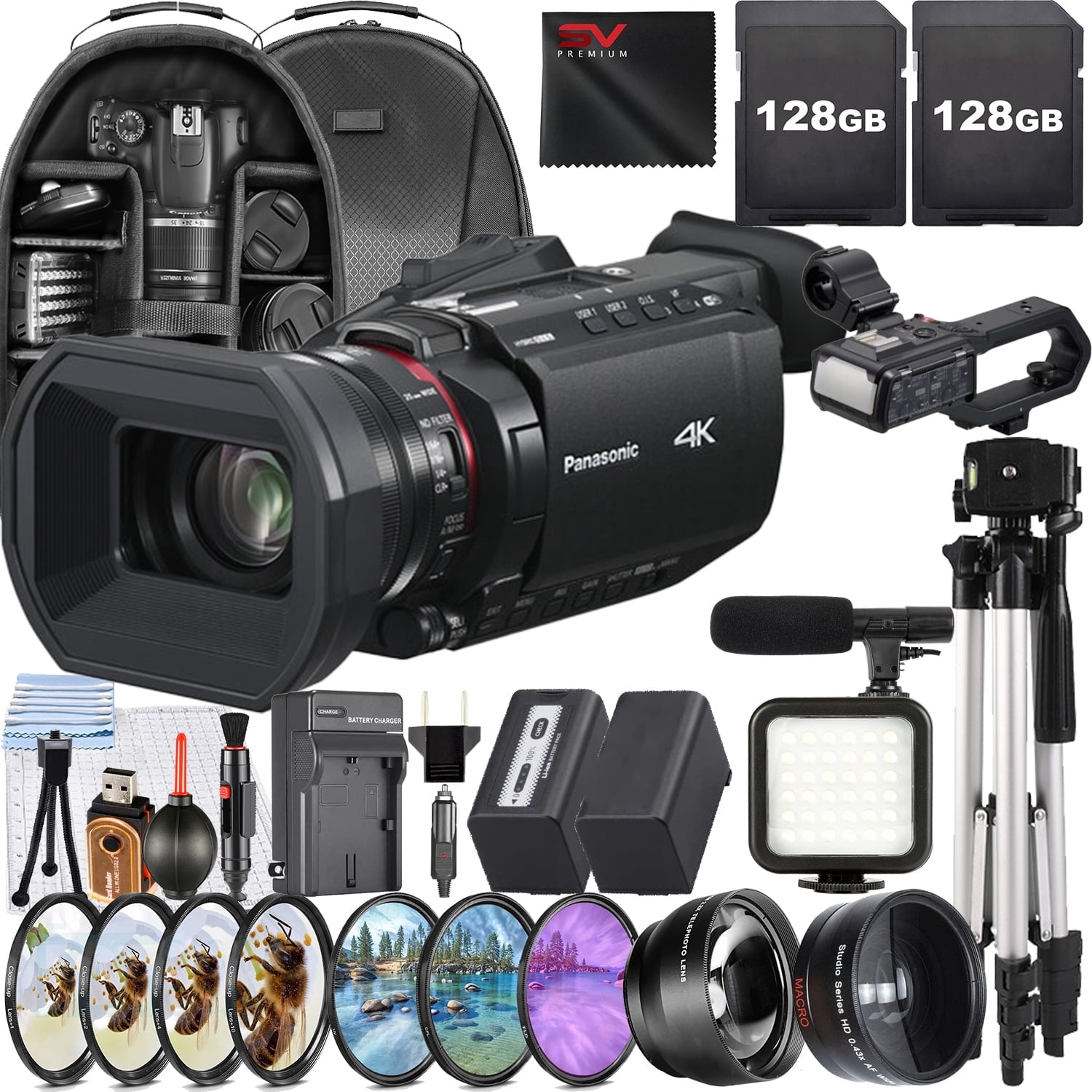 Panasonic HC-X2100 UHD 4K HDMI Lightweight Compact Camcorder with 2 Pack 128GB SanDisk Memory Card + Case + Filter Kit + SV Premium Accessory Bundle