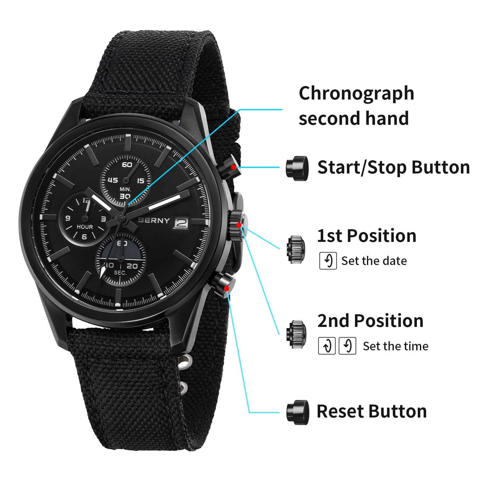 BERNY Mens Watches Analog Quartz Chronograph Watch with Date Canvas Strap Luminous Sapphire Crystal Luxury Fashion Business Casual 50M Waterproof Wrist Watches for Men (Black)