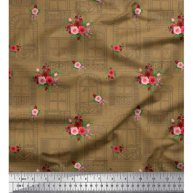 Soimoi Tissu en Velours Fenêtre, Feuilles & Roses Imprimé Floral 1 Yard 58 Pouces de Large