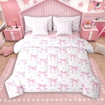 Manfei Pink Kawaii Bow 7-Piece Twin Bedding Sets, Cute Watercolor Stars Ribbon Bedding Comforter Set, Teens Kids Girls Women Reversible Sheet Sets, Microfiber Bedroom Decor