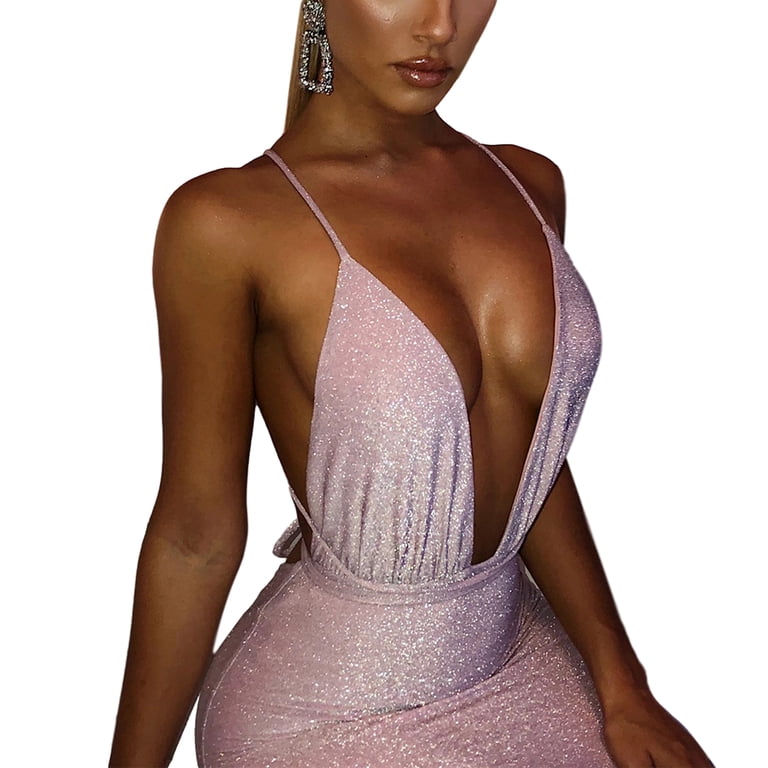 Liacowi Women's Slim Fit Sling Halter Dress Sexy Deep V Neck Solid Color  Sequins Sleeveless Ruffle Short Dress - Walmart.com