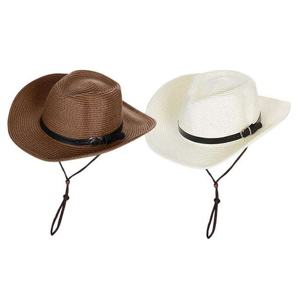 Juego de 2 sombreros de paja de trigo para playa, anti-UV, plegables, tipo fedora panamá Blanco + café