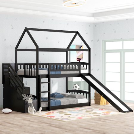 Wood House Bunk Bed with Two Drawers and Slide  Twin Over Twin Bunk Bed with Roof and Guardrails  House Bed for Family  Kids  Teens  No Box Spring Needed Espresso