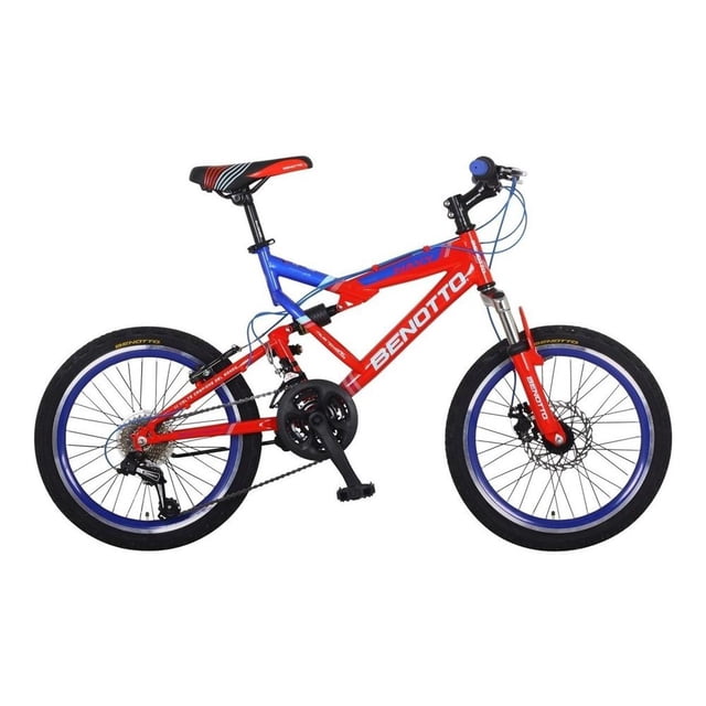 bicicleta benotto montaña navy r20 21v. ds shimano disco del rojo Bicicleta de montaña Benotto talla UN para niño. Cuadro rojo con detalles navy y aro azul, rodada 20, doble suspensión, 21 velocidades con cambios Shimano Tourney, freno de disco delantero y freno V trasero, sillín y manubrio con puños azules. Suele usarse también para recorridos recreativos y prácticas de ciclismo infantil.