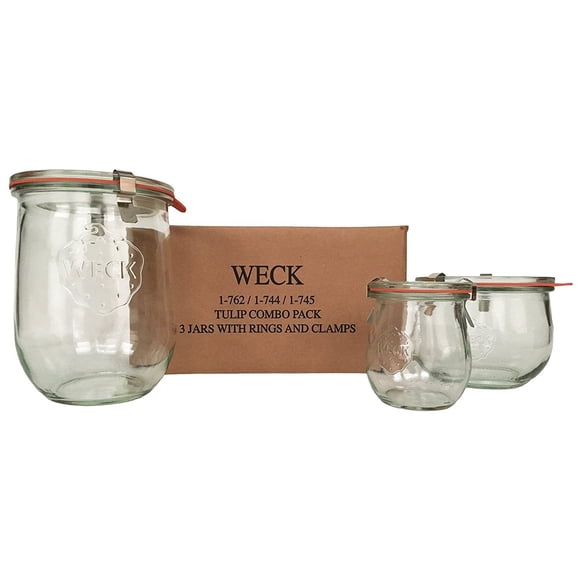 Weck Tulip Jar Combo Pack- (1) 762, (1) 744, (1) 745, (3) glass lids, (3) rubber rings and (6) clamps by Weck