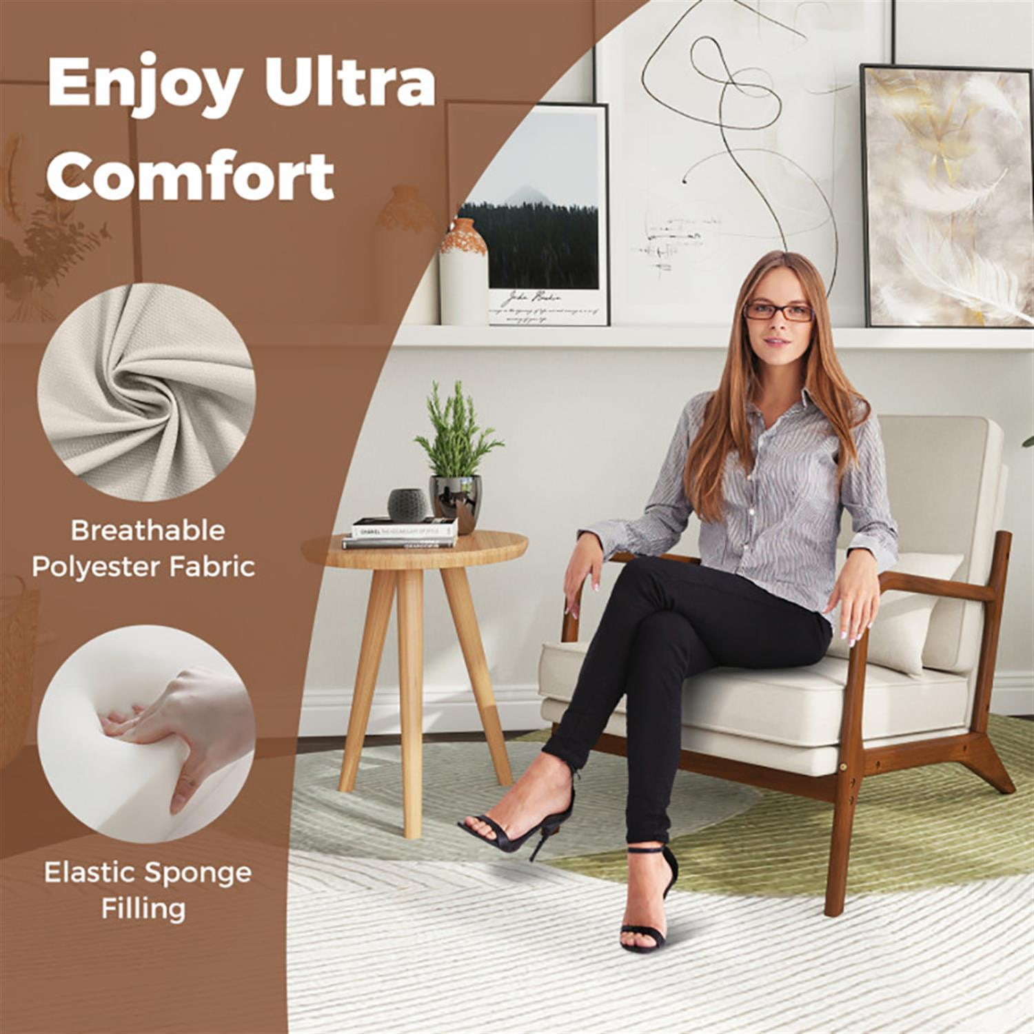 Demi Bonn Modern Accent Chair, Elegant Armchair with Rubber Wood Armrests and Removable Back, Suitable for Living Room Bedroom Reception Room Office, Beige