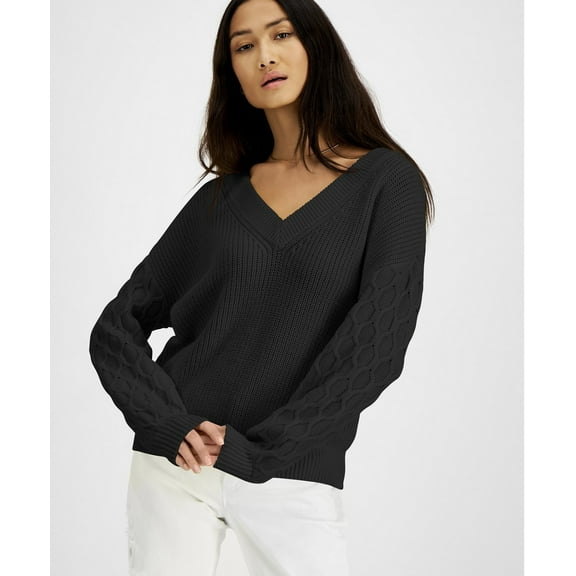 INC International Concepts Women's Honeycomb-Sleeve Sweater Deep Black Size XS