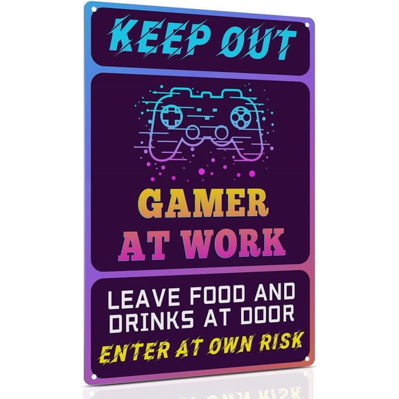 Keep Out Signs for Gaming Room Wall Door Decor - 8x12 Inch Futuristic Metal Sign Gift for Boy, Girl, Boyfriend