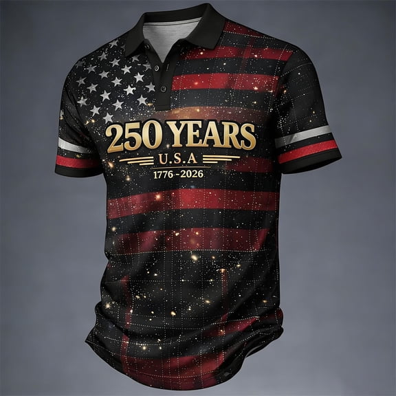 Conairie Men 4th of July Polo Shirts Button Stand Collar Short Sleeve Patriotic Golf Shirts American Falg Print Basic Blouses Vacation Clothes Black L