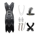 thumbnail image 3 of Nuevo vestido estilo flapper de los años 20, vestido de noche de fiesta del Gran Gatsby con lentejuelas y flecos, vestido con accesorios de los años 20, conjunto de 6 piezas, talla grande, 3 of 5