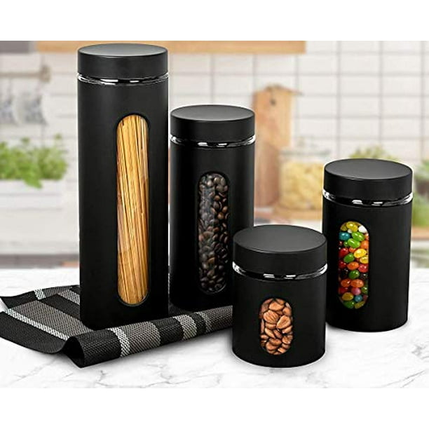 Canister Sets for Kitchen Counter - Matte Black Kitchen Decor and Accessories - Glass Canisters Sets for the Kitchen - Sugar Containers for Countertop ...