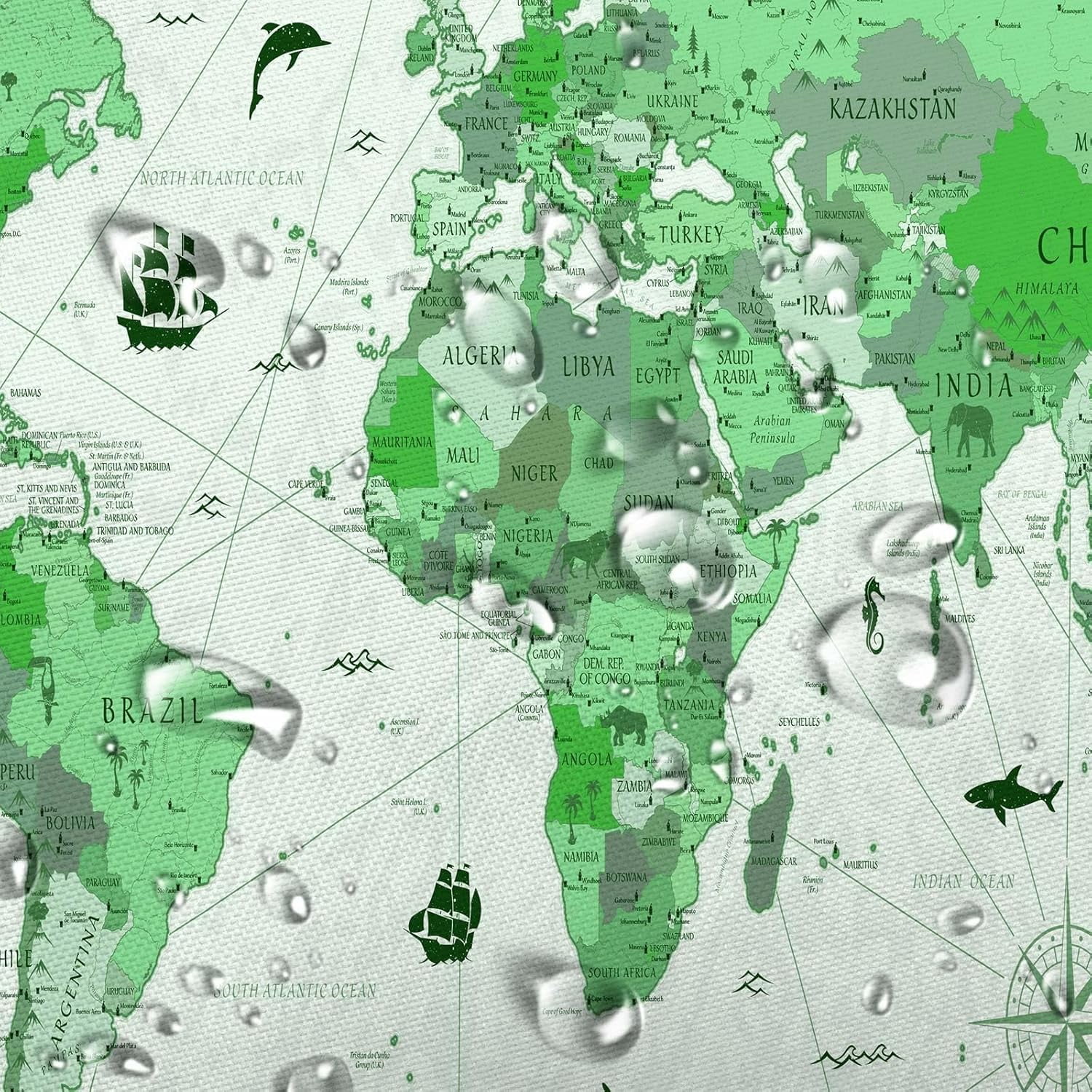 World Map Shower Curtain, Map of The World with National Educational Fabric Shower Curtains Set for Bathroom, Geography Educational Fabric Bathroom Shower Curtain with Hooks, 60X70IN（Green）