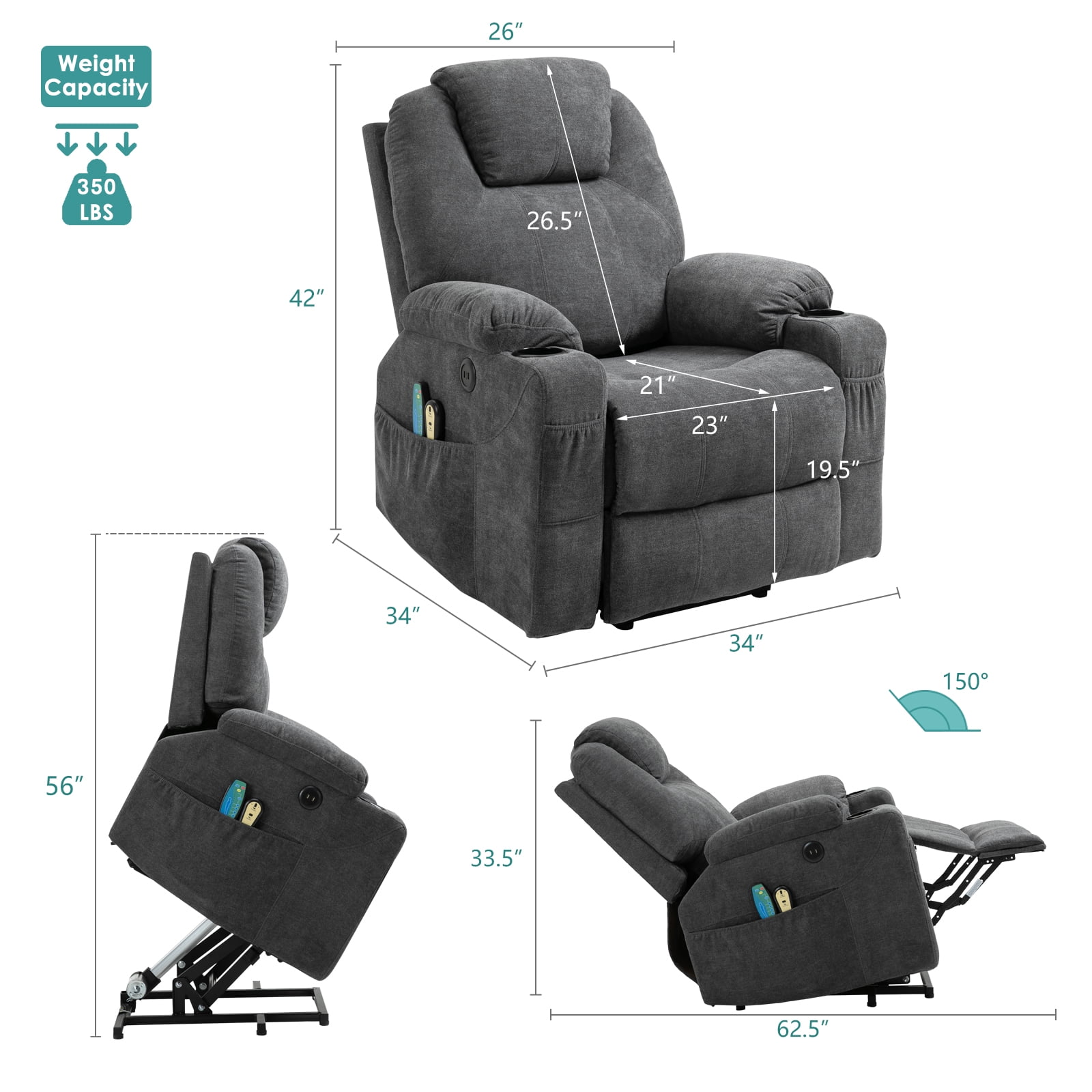 MEETWARM Power Lift Recliner Chair with Massage & Heating, USB Ports, Cup Holders - Grey