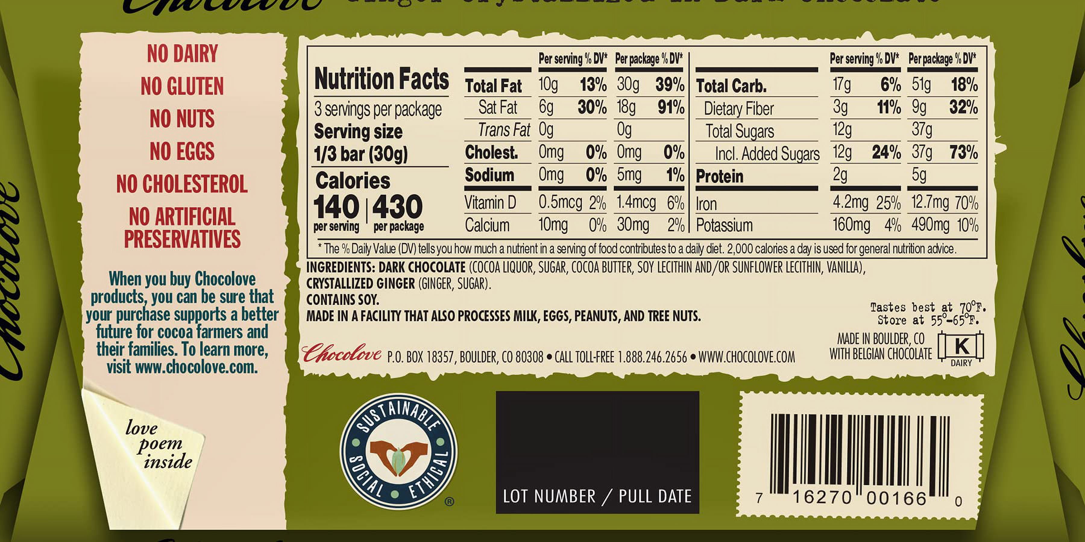 Chocolove Chocolate Bar, Ginger Crystallized in Dark Chocolate, 3.2 Ounce (Pack of 12)