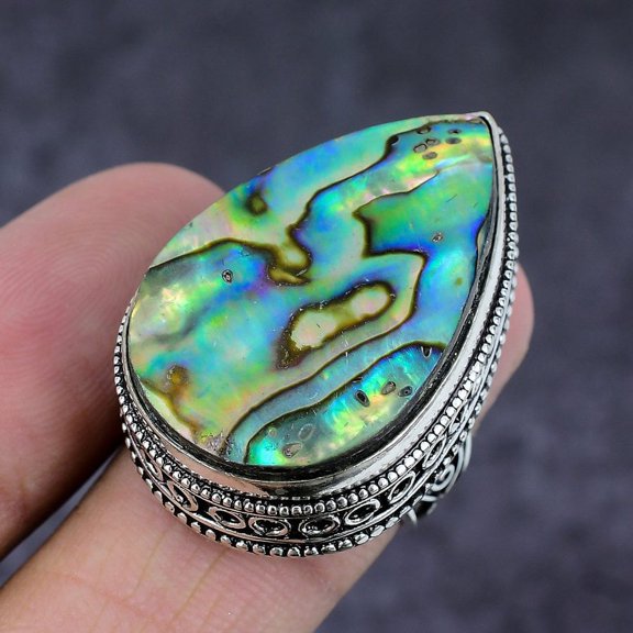 Natural Abalone Shell Gemstone Handmade 925 Sterling Silver Ring Size 7