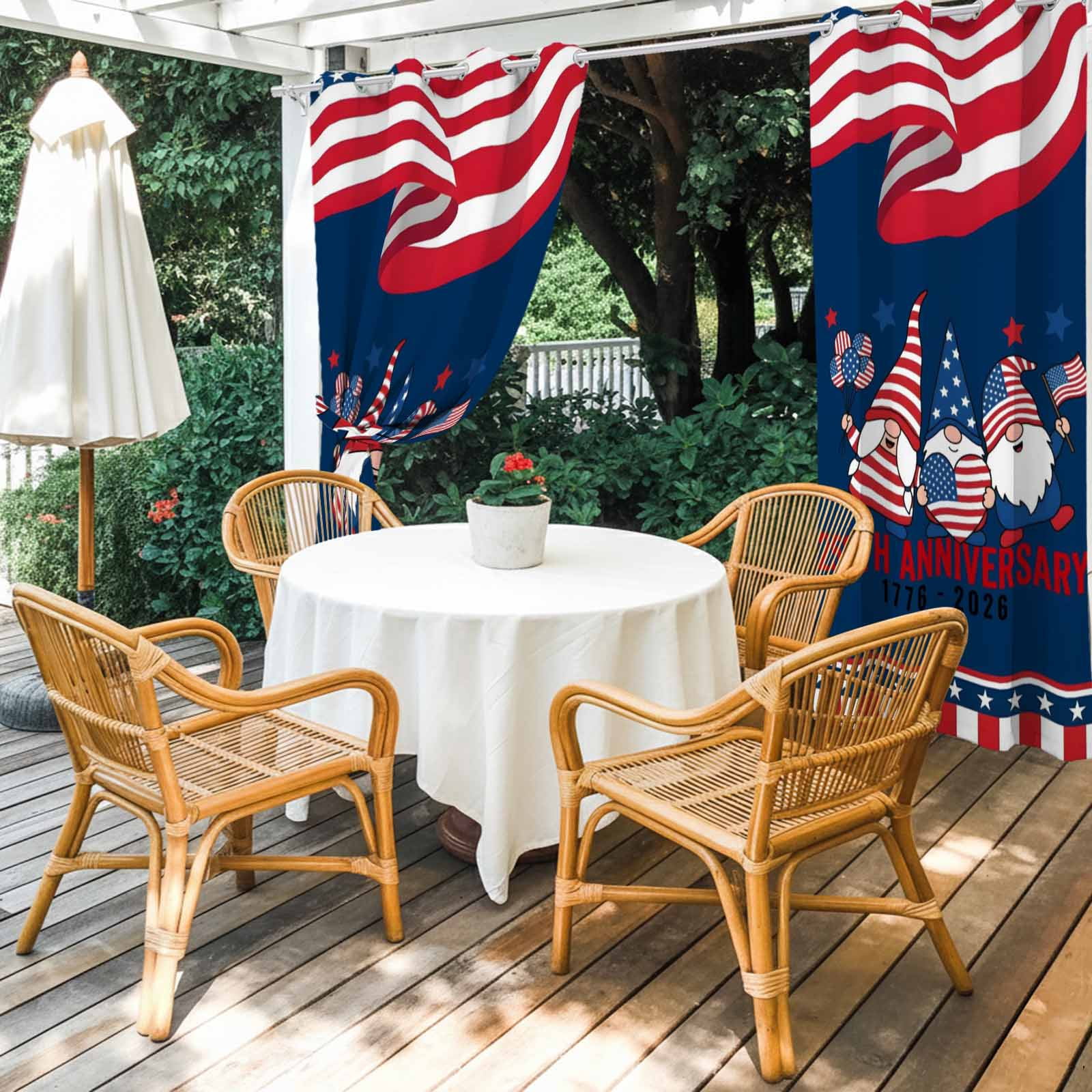 Anniversary Outdoor Curtains for Patio, Patriotic Gnome USA Flag Independence Day Sunshade Privacy Drapes Grommet Waterproof Outside Curtains for Porch/Cabana/Balcony 54"x 95", 2 Panel