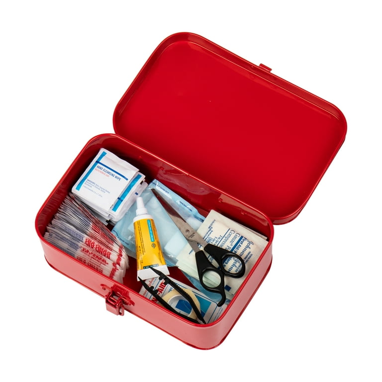 Mind Reader First Aid Box Emergency Kit Metal Medical Supply Organizer Wall  Mountable, 4-1/4H x 9-1/4W x 12-1/4D, Red
