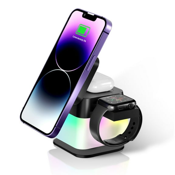 MagSafe 4-in-1 Wireless Charging Station: 360° Rotating Foldable Design for iPhone 15/14/13/12 Series with Magnetic Alignment, Apple Watch, AirPods & RGB Lighting - 15W Fast Charging