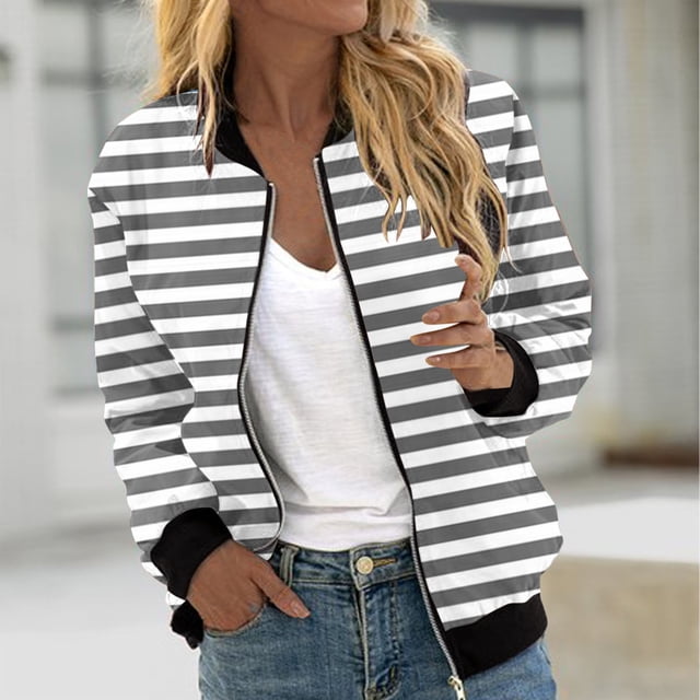 Abrigo informal de manga larga sin capucha y chaquetas para mujer, abrigo informal de moda con estampado y bolsillo con cremallera, abrigo de poliéster para mujer