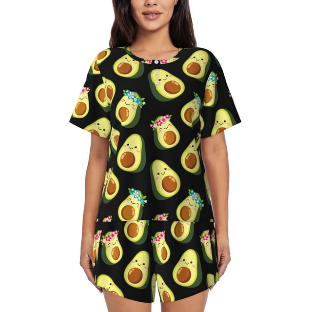 Fotbe Flowers Avocado Conjunto de Pijama Estampado para Mujer, 2 Piezas, Ropa de Dormir con Camiseta de Manga Corta y Shorts Suaves-Medium